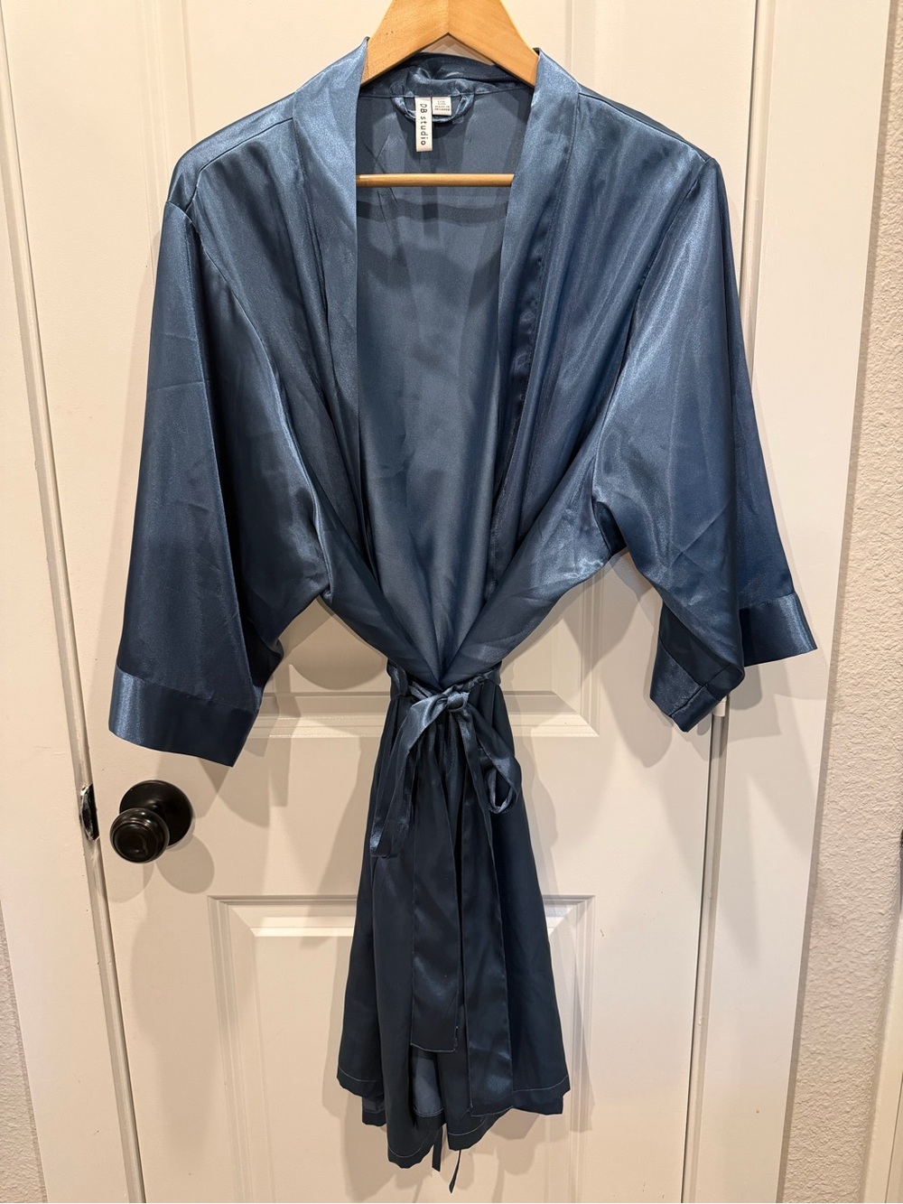Satin Steel Blue Kimono Robe with Tie Belt